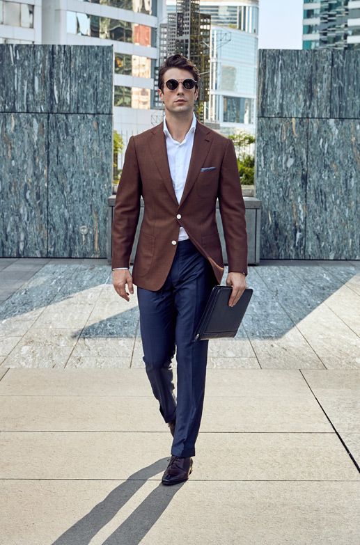 Style Inspiration Mens Lookbook Stallion Brown Jacket Navy Trousers 517x783